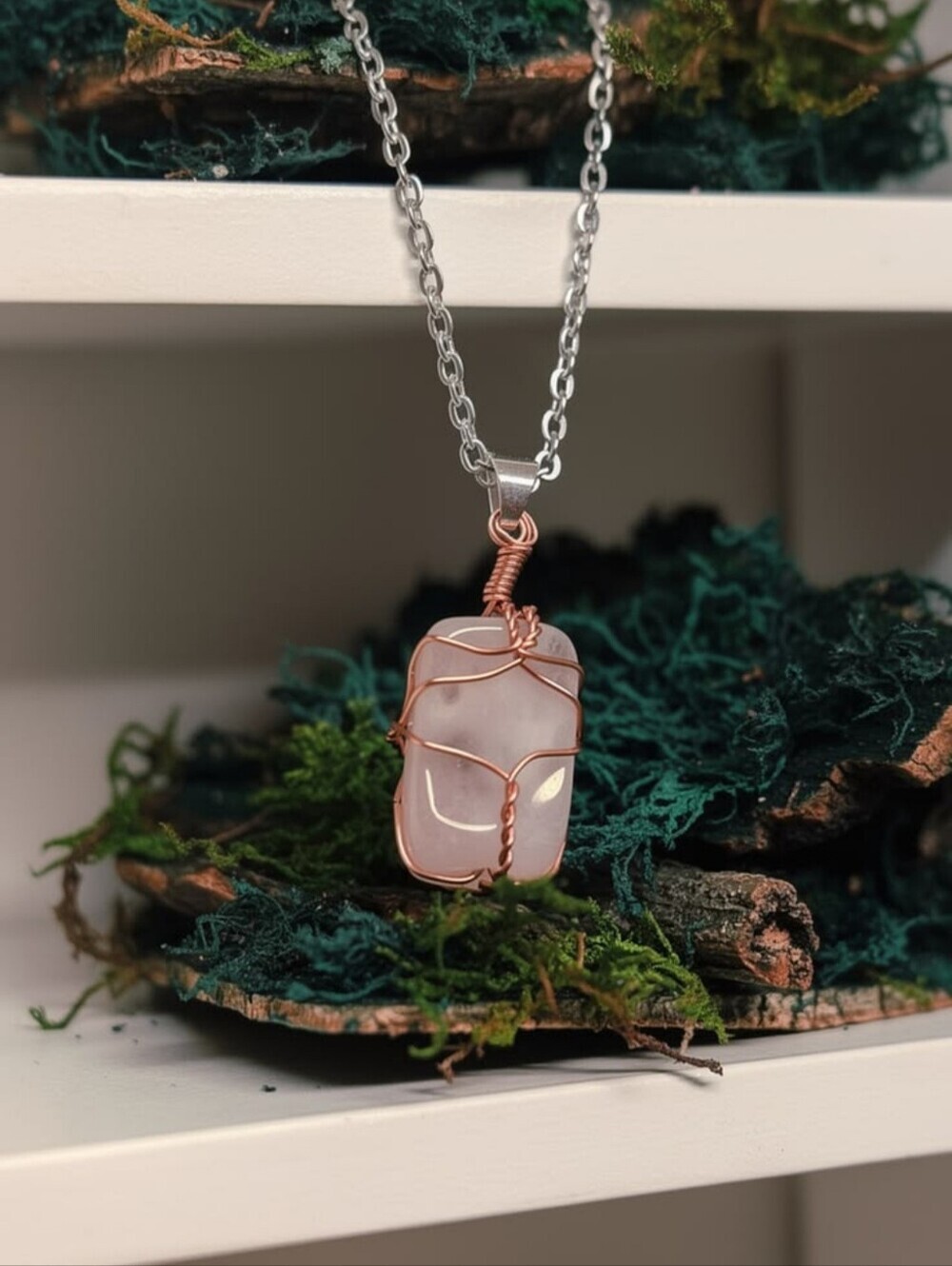 Rose Quartz Wire-Wrap Pendant Necklace - Pink Crystal Jewelry